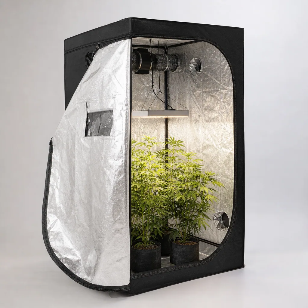 Armario Cultibox Light Plus abierto, con exterior negro e interior reflectante, plantas en macetas, lámpara suspendida y ventilación superior.
