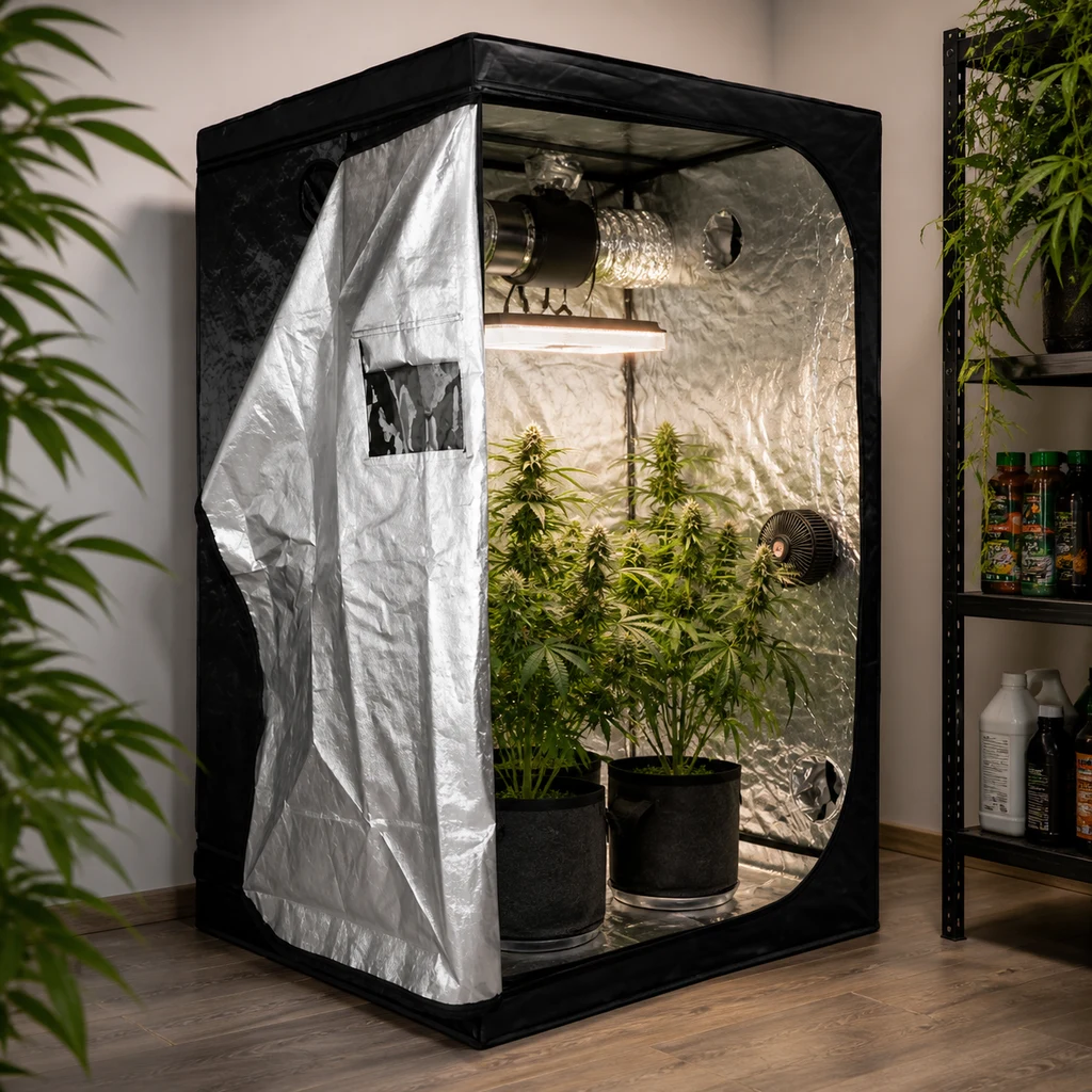 Armario Cultibox Light Plus abierto, con interior reflectante, plantas en macetas, lámpara y conducto de ventilación en una escena generada.