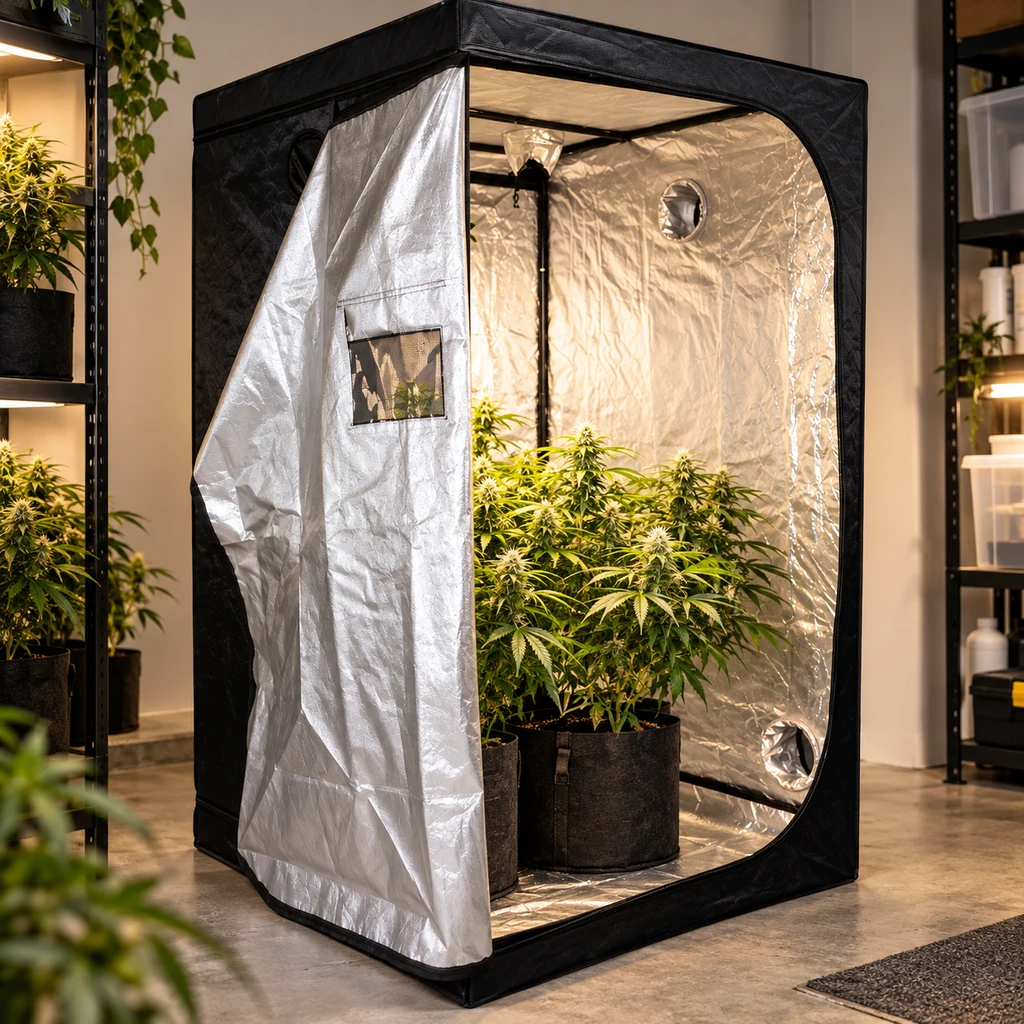 Escena generada de un armario de cultivo negro abierto, con interior plateado, plantas en macetas y aberturas circulares de ventilación.