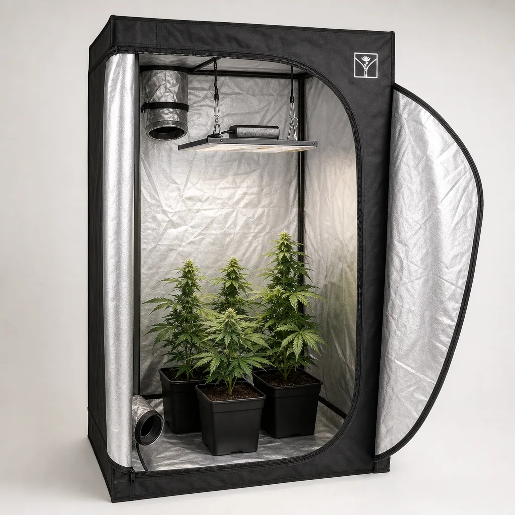 Armario Cultibox Light abierto, con interior reflectante, lámpara suspendida, conductos de ventilación y plantas en macetas.