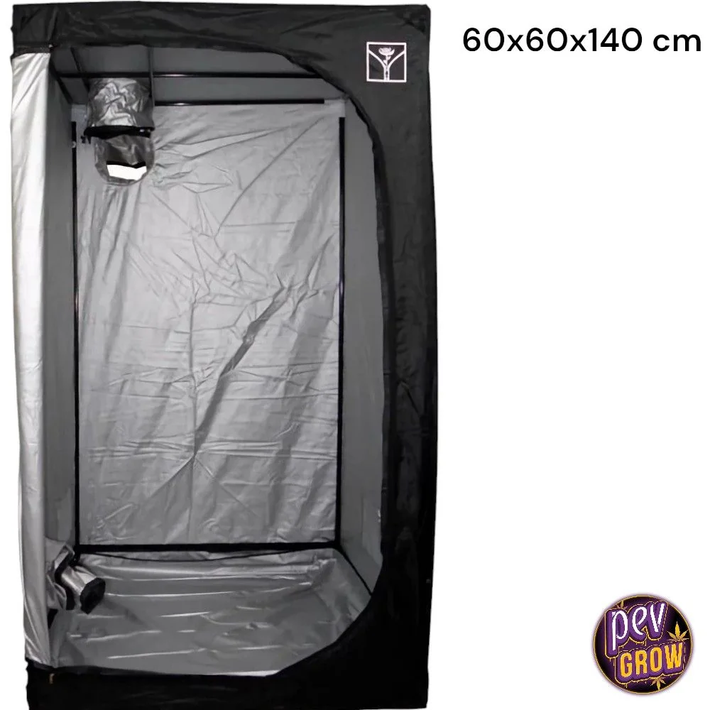 Armario Cultibox Light abierto, con exterior negro, interior plateado, barras superiores y aberturas para ventilación.