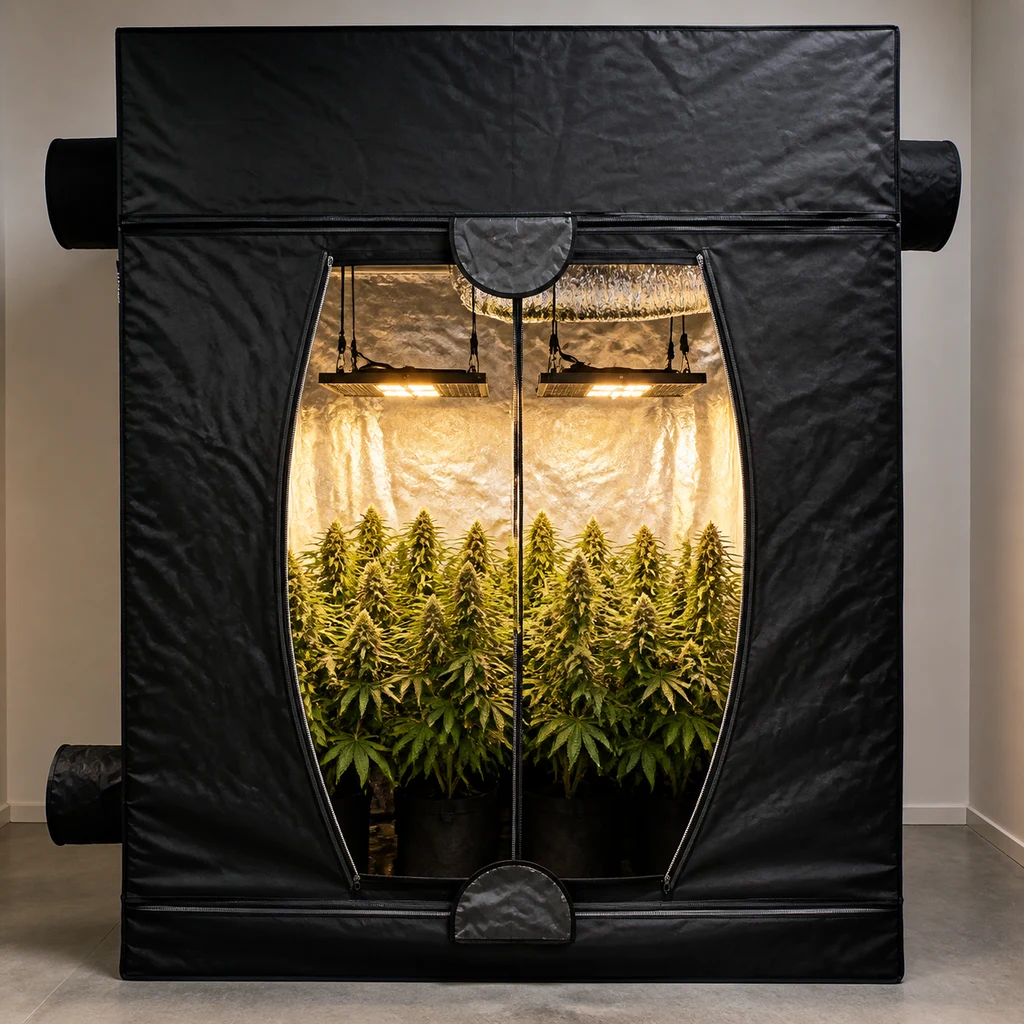 Armario de cultivo Cultibox Open XL negro, abierto por delante, con plantas, dos luminarias y conducto de ventilación en el interior.