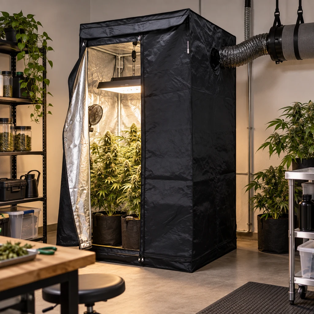 Escena generada de una tienda de cultivo negra abierta, con interior reflectante, plantas en macetas, lámpara y conducto de ventilación lateral.