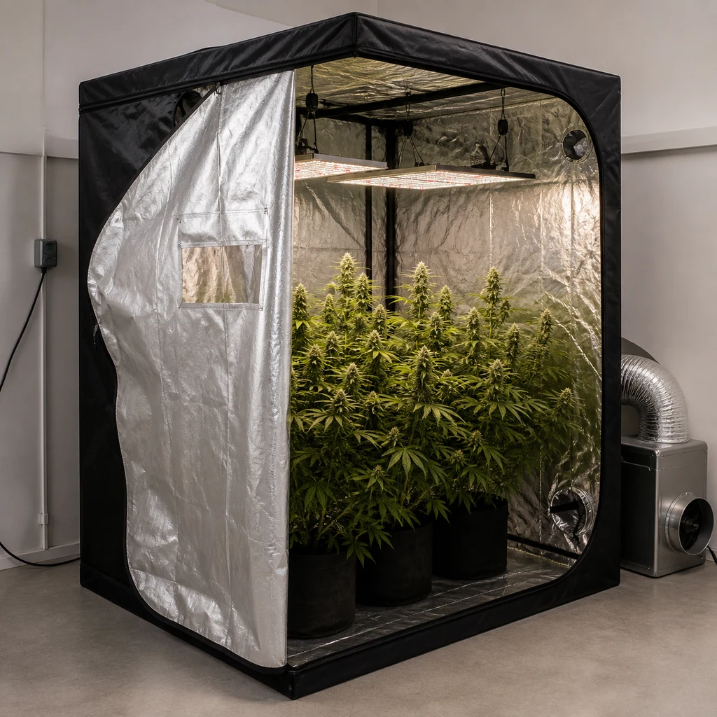 Armario de cultivo abierto con exterior negro e interior reflectante, plantas en macetas, paneles LED y conducto lateral de ventilación.