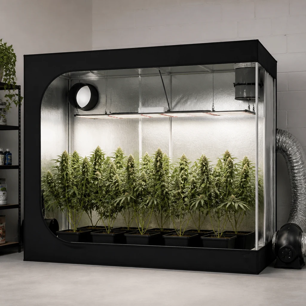 Armario de cultivo abierto con interior reflectante, plantas en macetas bajo paneles de luz y un conducto de ventilación lateral.
