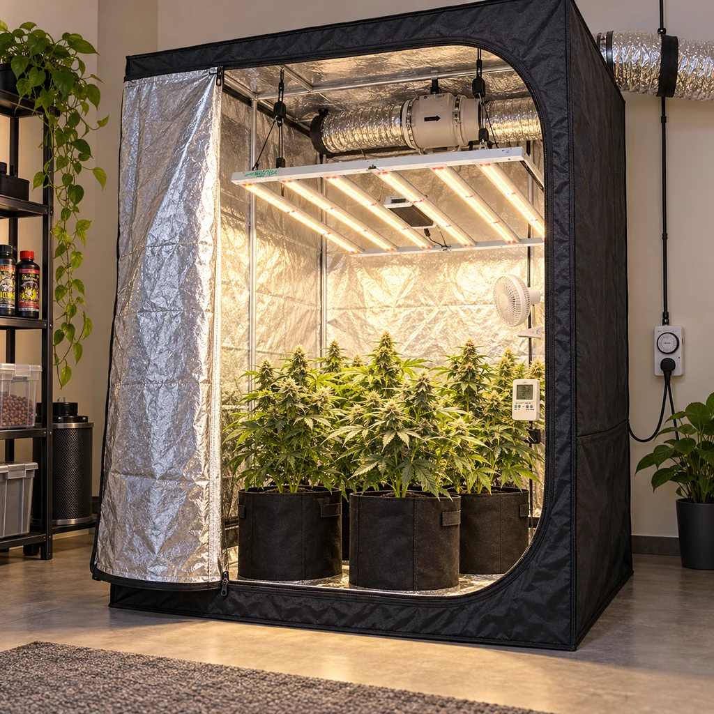 Armario de cultivo abierto con interior reflectante, barras LED encendidas, plantas en macetas, ventilador y conducto de extracción.