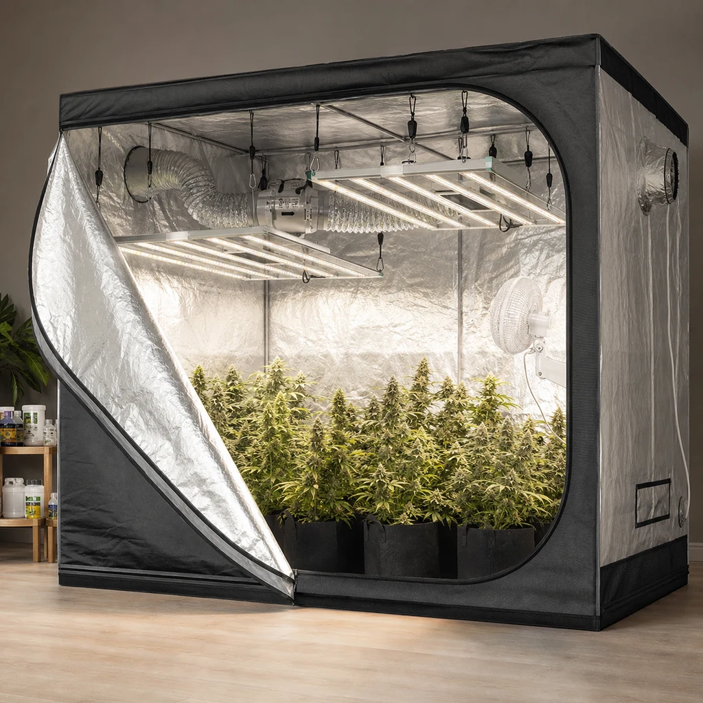 Armario de cultivo abierto con interior reflectante, paneles LED suspendidos, conducto de ventilación y plantas en macetas.