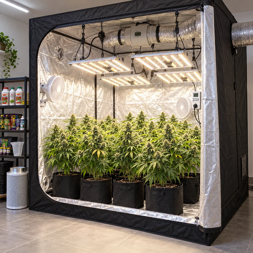 Escena generada de un armario de cultivo abierto con interior reflectante, plantas en macetas, paneles LED suspendidos, ventiladores y conductos.