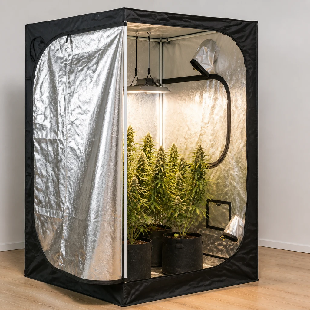 Armario Mammoth Pro+ abierto, con exterior negro, interior reflectante y plantas de cannabis en macetas bajo una lámpara suspendida.