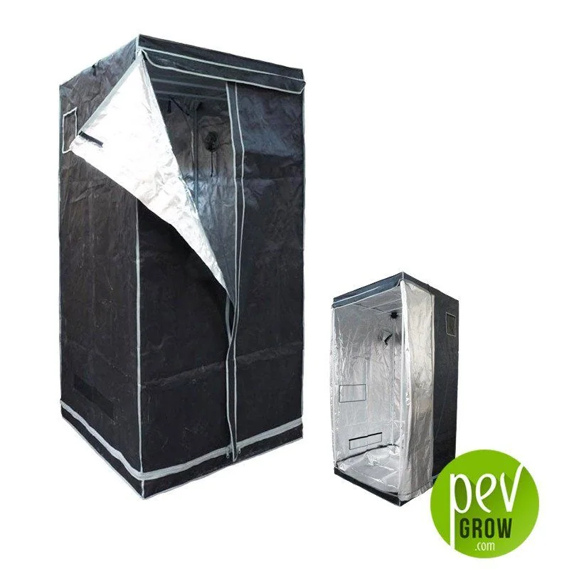 Armario de cultivo Pure Tent mostrado en vistas de distinto tamaño, con exterior negro, puerta abierta e interior plateado reflectante.