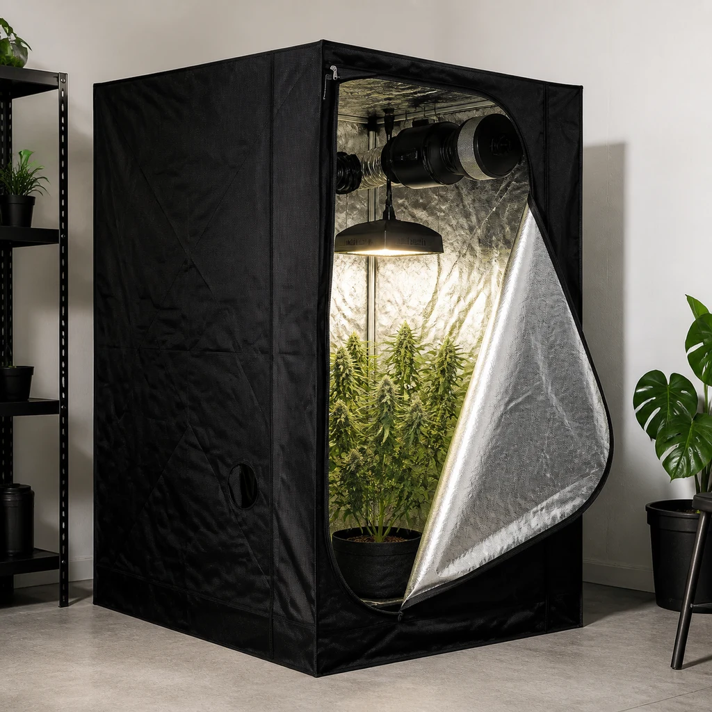 Tienda de cultivo Mammoth Classic abierta, con exterior negro, interior reflectante, plantas, lámpara y conductos de ventilación.