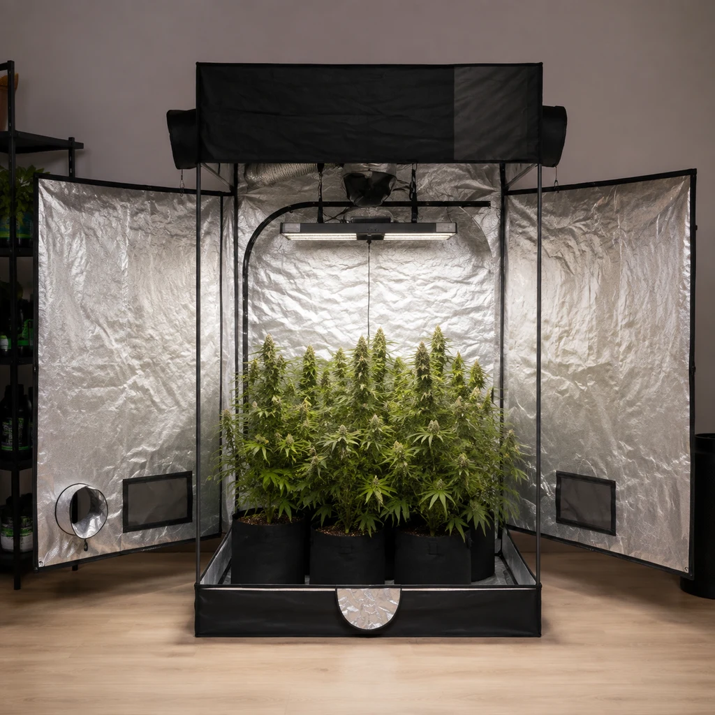 Armario Open Cultibox abierto, con interior reflectante, lámpara suspendida y varias plantas en macetas en su interior.