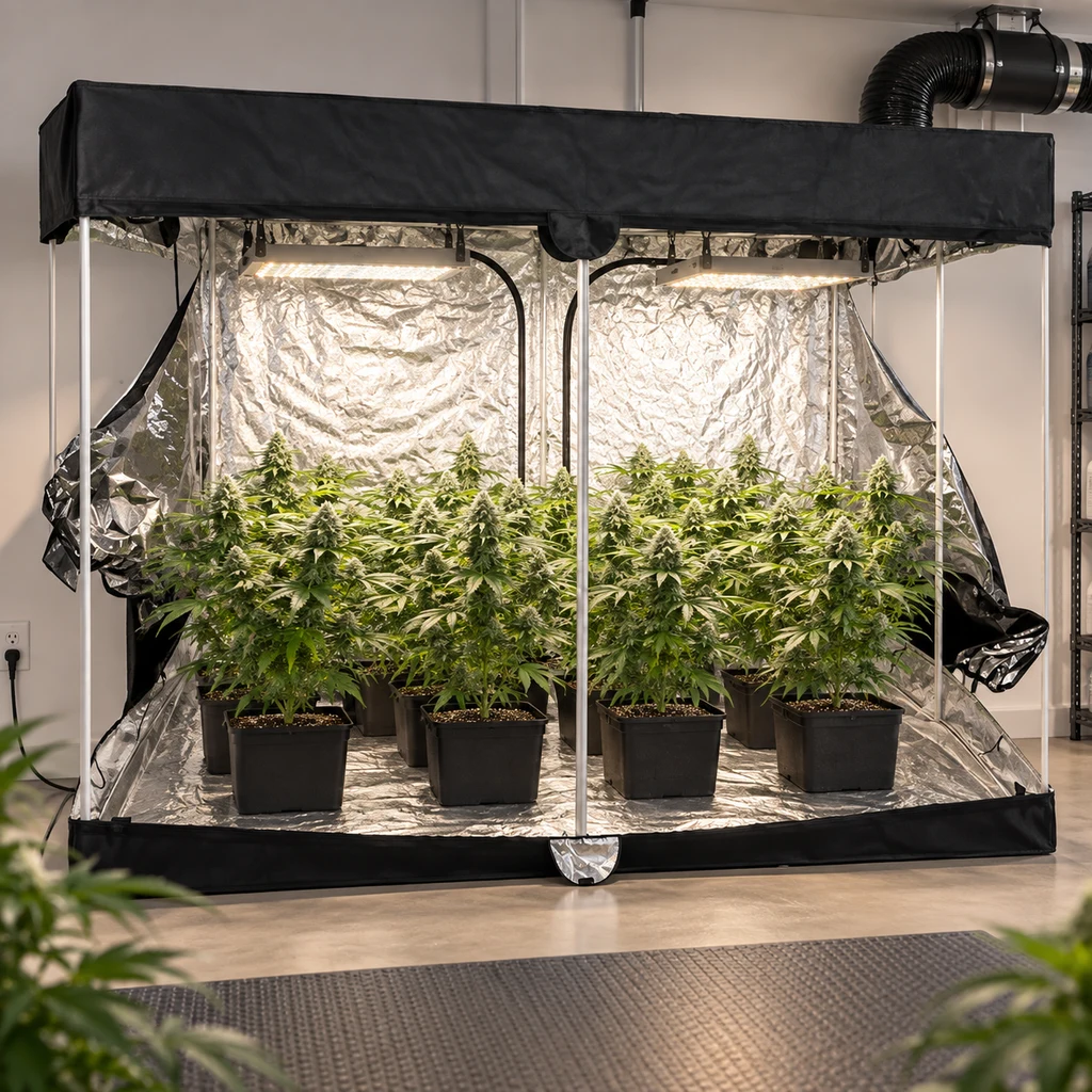 Escena generada de un armario de cultivo abierto con interior reflectante, plantas en macetas, dos luces superiores y conducto de ventilación.