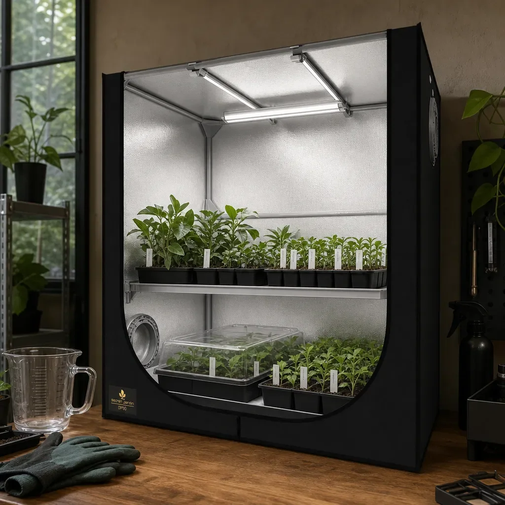 Propagador Secret Jardin DP90 abierto, con interior reflectante, luces superiores y dos niveles de bandejas con plantas jóvenes.
