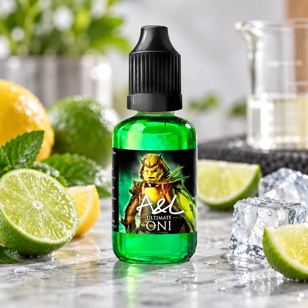Frasco verde A&L Ultimate Oni con tapón negro y etiqueta ilustrada, rodeado de limas, limón y cubitos de hielo.