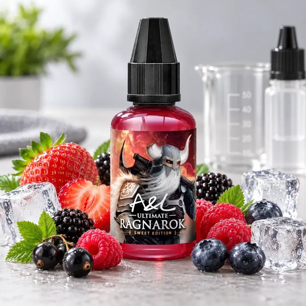 Frasco rojo de A&L Ultimate Ragnarok Sweet Edition con tapón negro y etiqueta de guerrero, rodeado de frutos rojos y cubitos de hielo.