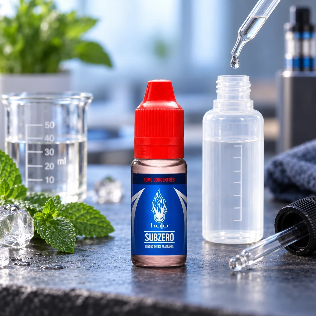 Frasco Halo Subzero con tapón rojo junto a un bote graduado abierto y una pipeta suspendida, con menta y hielo alrededor.