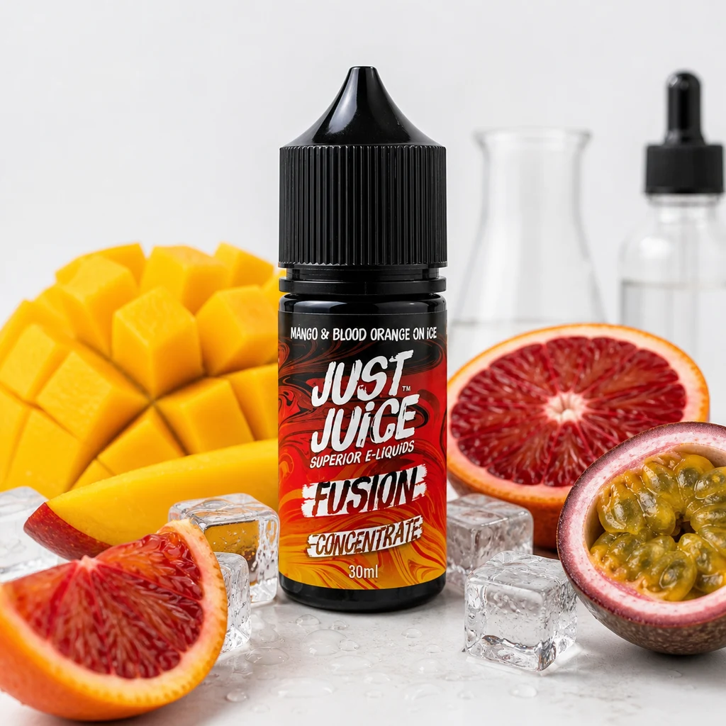Frasco Just Juice Fusion Mango Blood Orange On Ice de 30 ml, rodeado de mango cortado, naranja sanguina, maracuyá y cubitos de hielo.