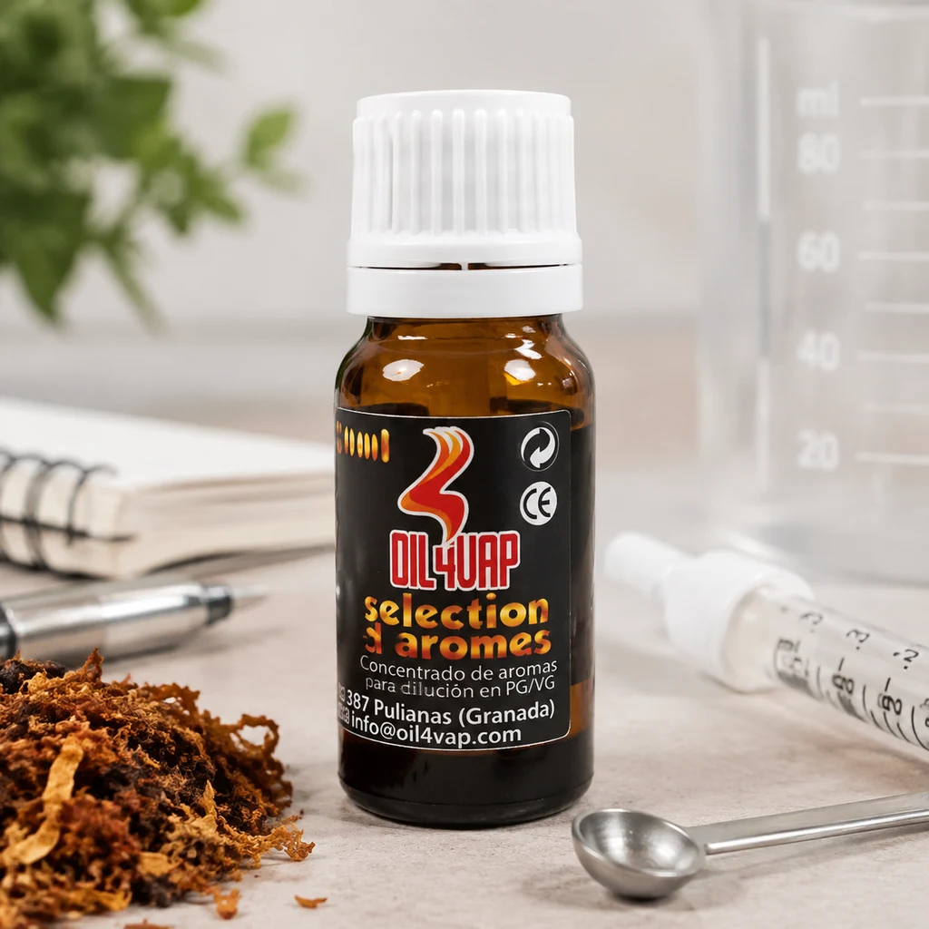 Escena generada con frasco ámbar de aroma Oil4Vap y tapón blanco, junto a tabaco picado, una jeringa y una cucharilla metálica.
