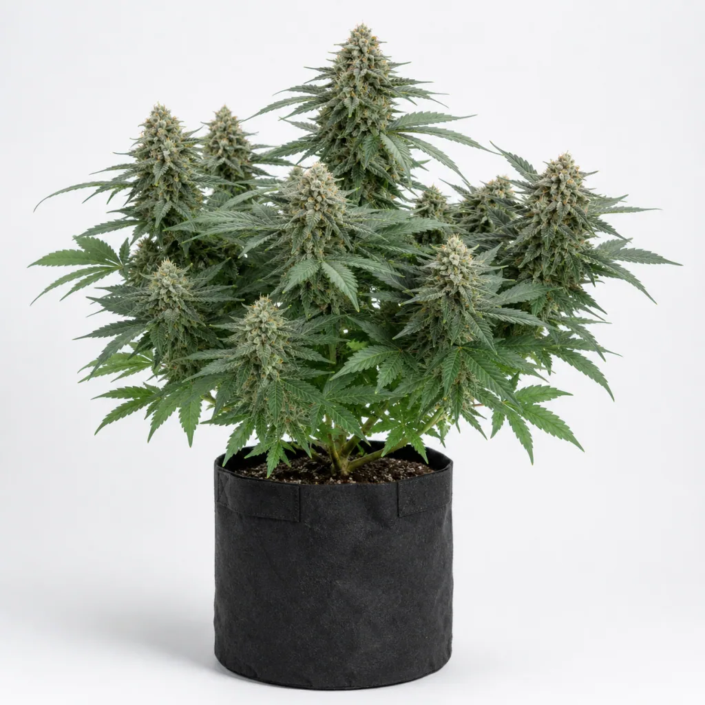 Planta de Ash de Mr. Nice Seeds en maceta textil negra, con copa ancha y varios cogollos alargados sobre fondo blanco.