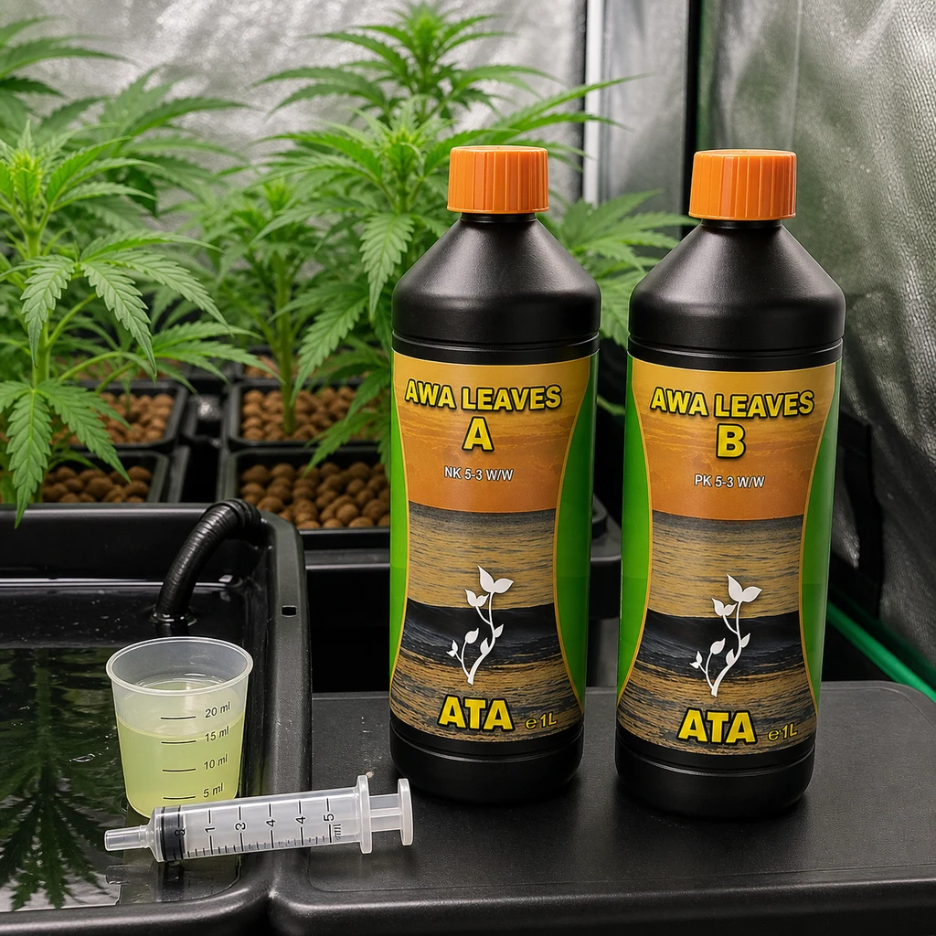 Escena generada de botellas ATA Awa Leaves A y B con tapones naranjas, vaso medidor y jeringa junto a plantas en un cultivo interior. Escena generada de botellas ATA Awa Leaves A y B con tapones naranjas, vaso medidor y jeringa junto a plantas en un cultivo interior.