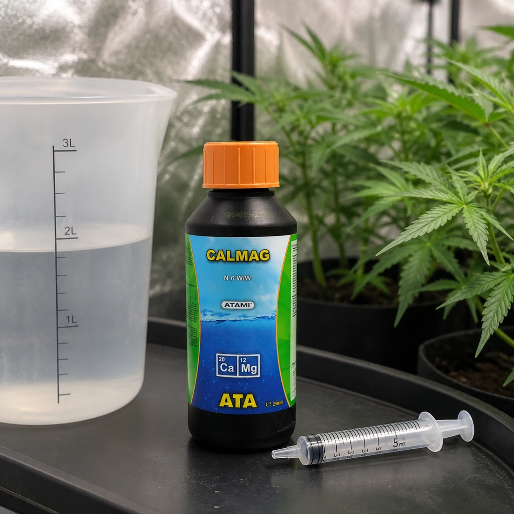 Botella de Ata Calmag Atami con tapón naranja, junto a una jarra graduada y una jeringa, con plantas de cannabis al fondo.