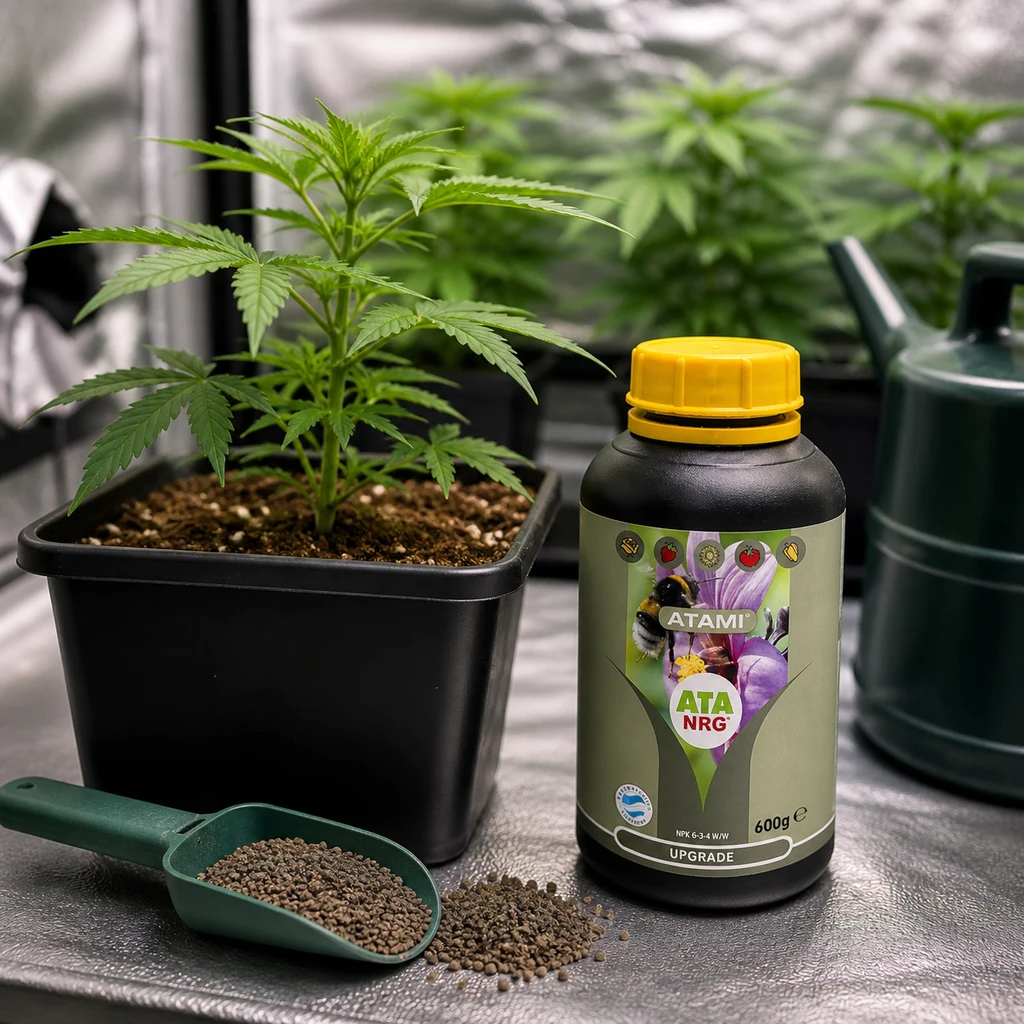 Bote de ATA NRG Upgrade de Atami con tapón amarillo, junto a una planta en maceta y una pala con gránulos.