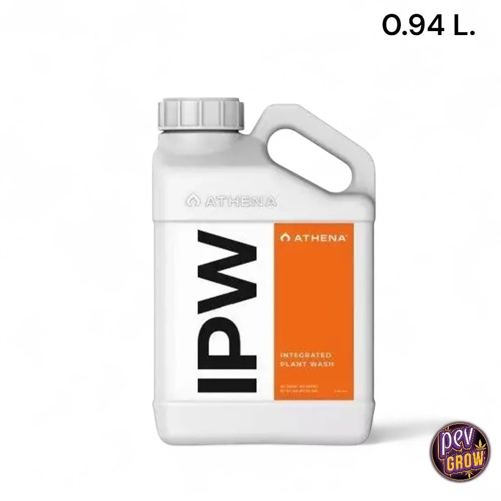 Envase blanco de Athena IPW con asa integrada, tapón de rosca y etiqueta naranja con el texto Integrated Plant Wash.