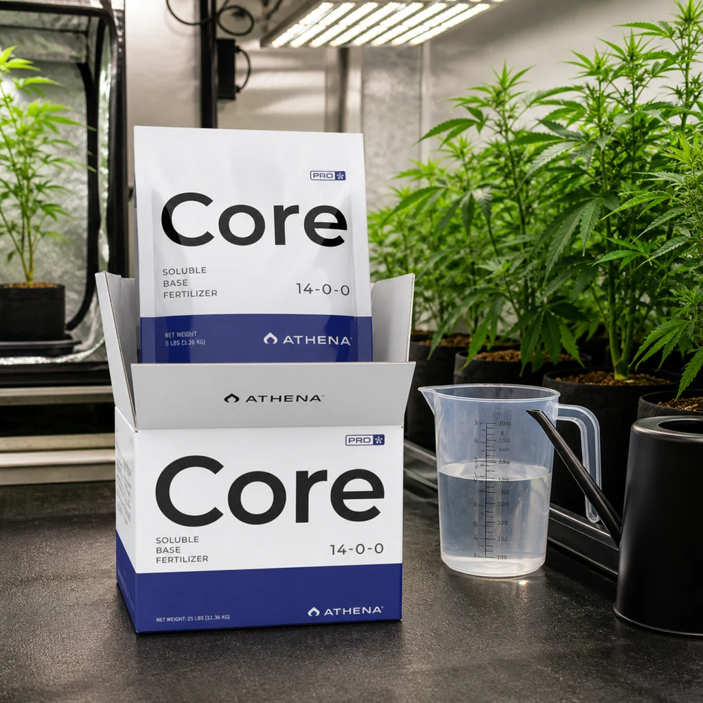 Envases de Athena Pro Core con la fórmula 14-0-0, junto a una jarra medidora y una regadera, con plantas bajo luces de cultivo al fondo.