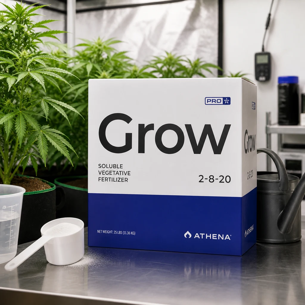 Caja blanca y azul de fertilizante Athena Pro Grow, con fórmula 2-8-20, junto a un cacito y una regadera, con plantas al fondo.