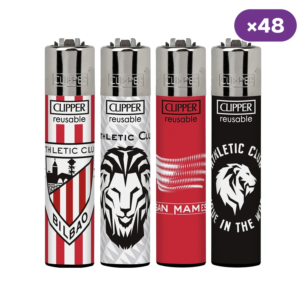 Selección de encendedores Clipper del Athletic de Bilbao con diseños de escudo, leones y San Mamés en rojo, blanco y negro; distintivo de 48 unidades.