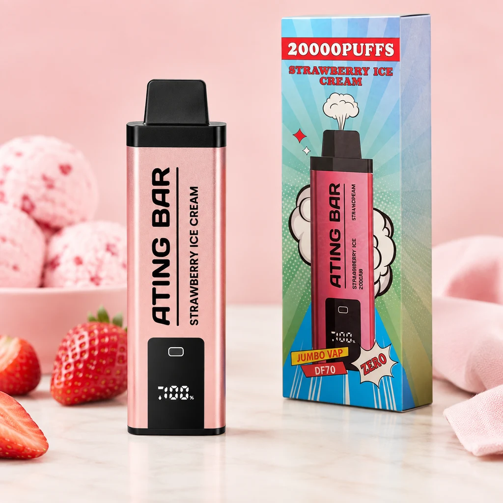 Pod rosa Ating Bar Strawberry Ice Cream con pantalla y su caja de 20000 puffs, sobre una mesa con fresas y helado al fondo.
