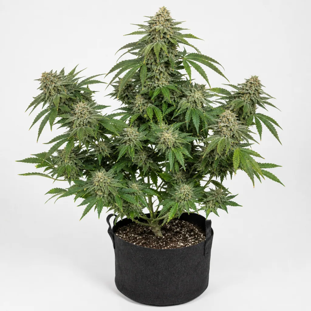 Planta de Atomical Haze Feminizada de Paradise Seeds en maceta de tela negra, con varias ramas cargadas de cogollos sobre fondo blanco.