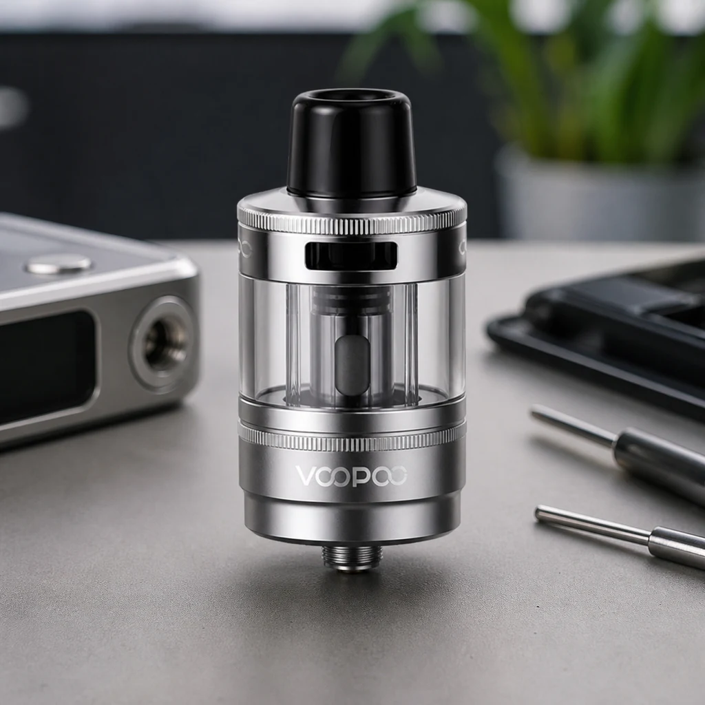 Depósito Voopoo PNP X Pod Tank con cuerpo plateado, cámara transparente y boquilla negra, sobre una mesa junto a herramientas. Depósito Voopoo PNP X Pod Tank con cuerpo plateado, cámara transparente y boquilla negra, sobre una mesa junto a herramientas.