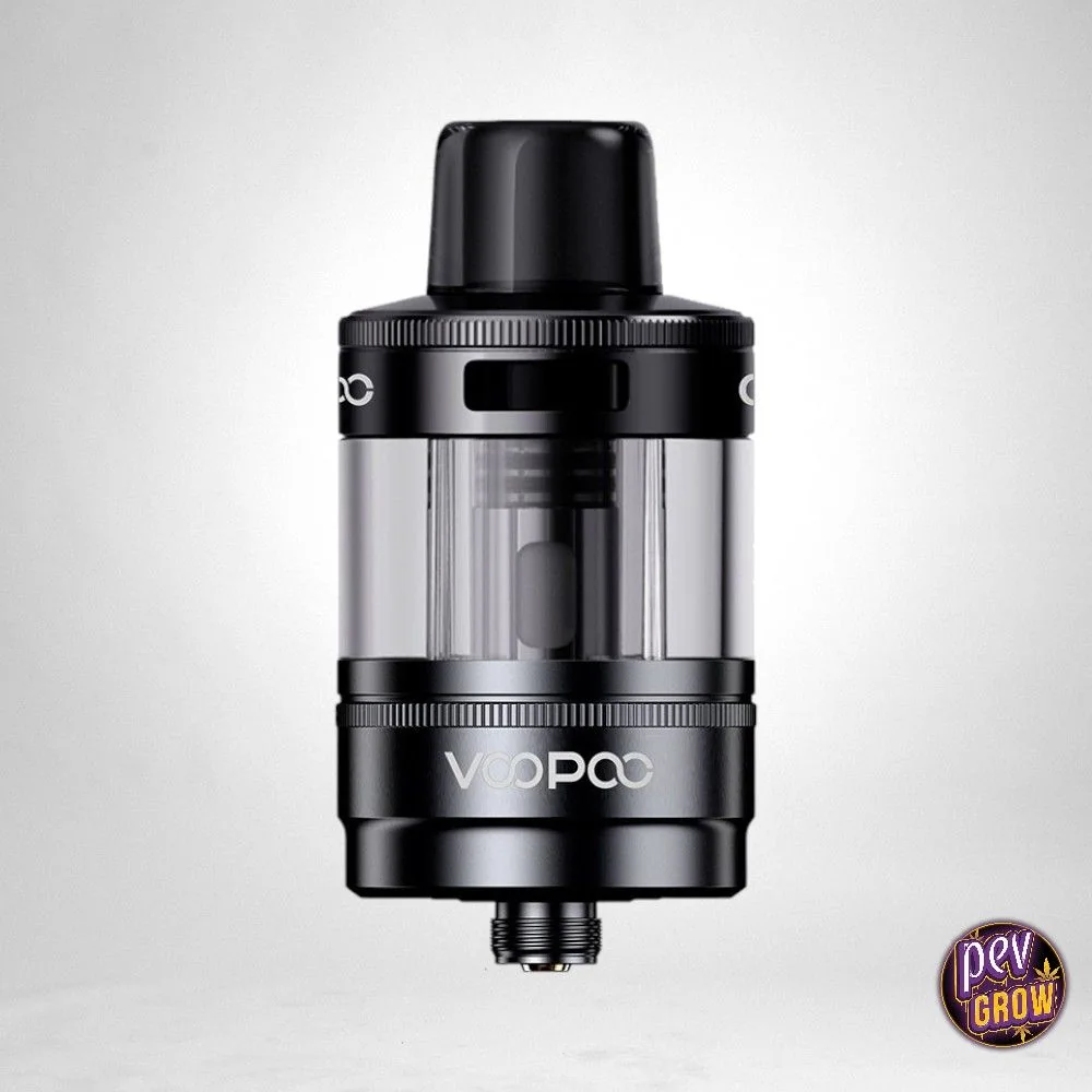 Voopoo PNP X Pod Tank DTL negro, en vista frontal, con depósito transparente, boquilla superior y conexión roscada inferior.