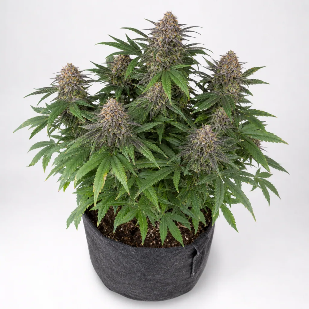 Planta de Alien Gas XXL Auto de Silent Seeds en maceta gris, con follaje verde y cogollos de tonos violáceos sobre fondo blanco.