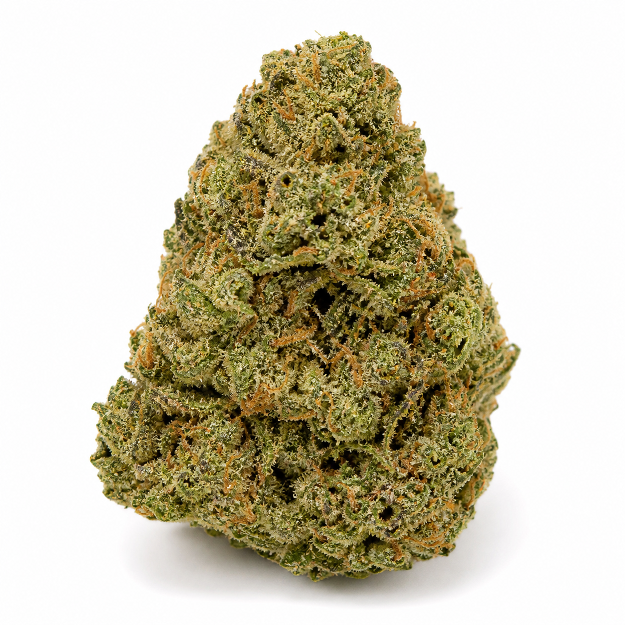 Cogollo de Auto Blackberry Moonrocks de Anesia Seeds en primer plano, con forma cónica, tonos verdes y filamentos anaranjados sobre fondo blanco.