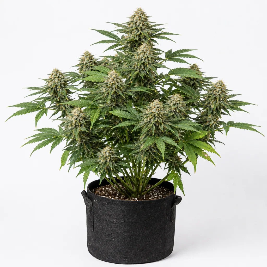 Planta de Auto Blackberry Moonrocks en floración, con abundantes cogollos y hojas verdes, en maceta textil negra sobre fondo blanco.
