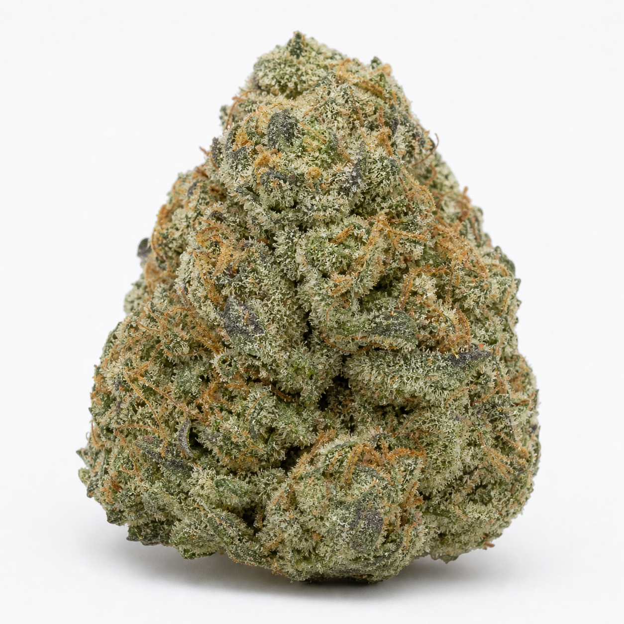 Cogollo de Auto Blue Pyramid de Pyramid Seeds, de forma cónica, con tonos verdes, zonas oscuras y filamentos anaranjados sobre fondo blanco.