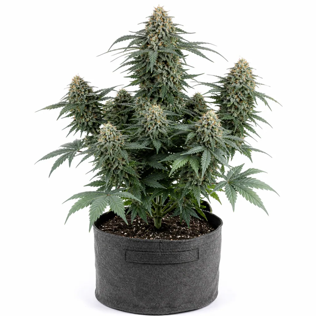 Planta de Auto Blue Pyramid de Pyramid Seeds en maceta de tela gris, con varios cogollos y una cola central alta sobre fondo blanco.