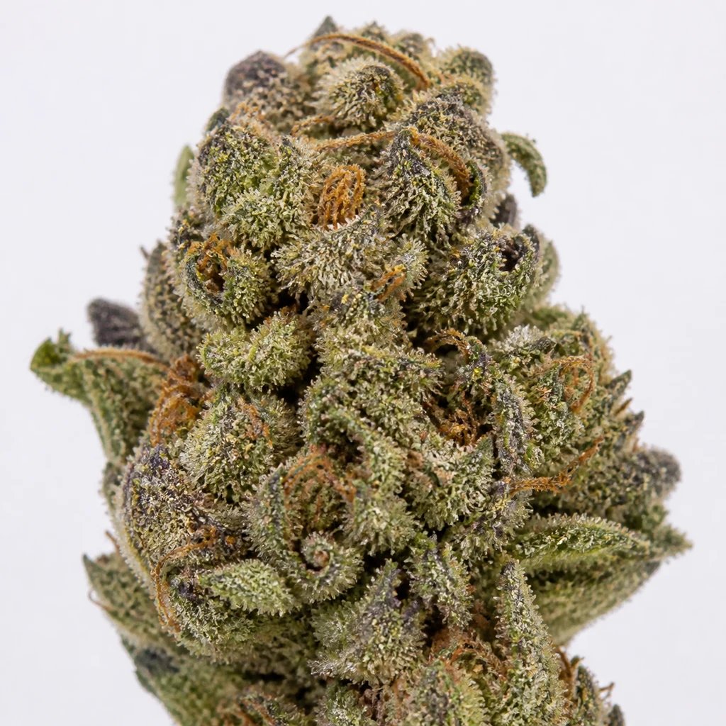 Ilustración de un cogollo verde con zonas moradas y pistilos anaranjados para la ficha de Auto Blueberry Ghost OG.