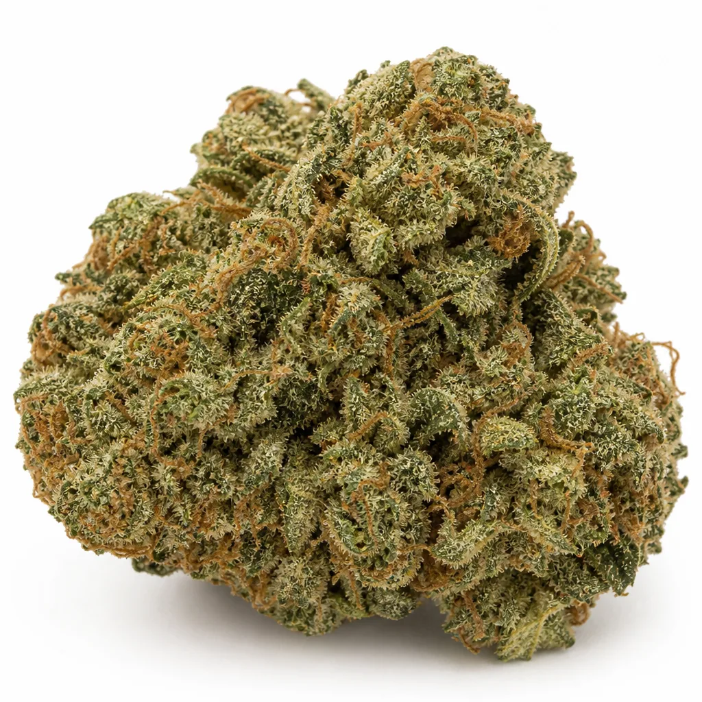 Cogollo de Auto Blueberry Kush de Nirvana Seeds en primer plano, verde con filamentos anaranjados y superficie blanquecina sobre fondo blanco.