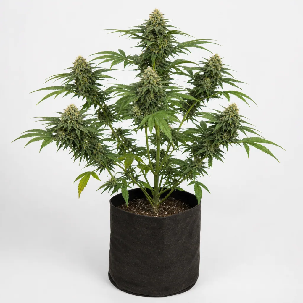 Planta de Auto Blueberry Kush de Nirvana Seeds en maceta textil negra, con cogollos alargados y hojas verdes sobre fondo claro.