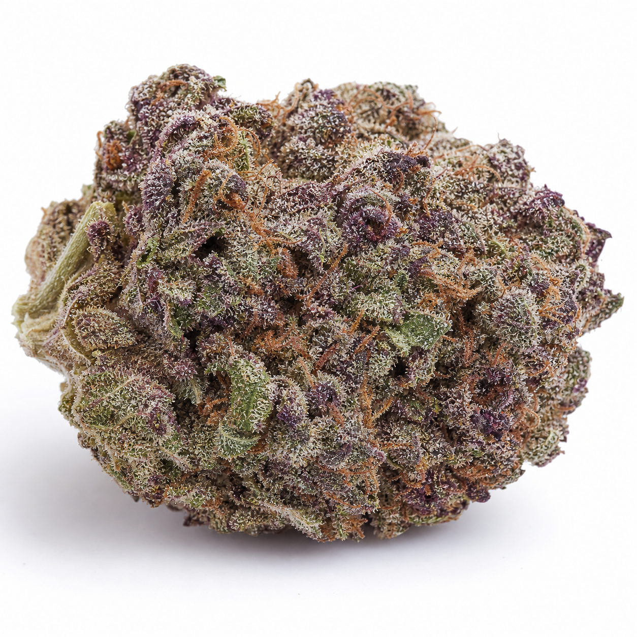 Cogollo de Auto California Sour Diesel Humboldt Seeds, con tonos verdes y morados, filamentos anaranjados y superficie cubierta de tricomas.