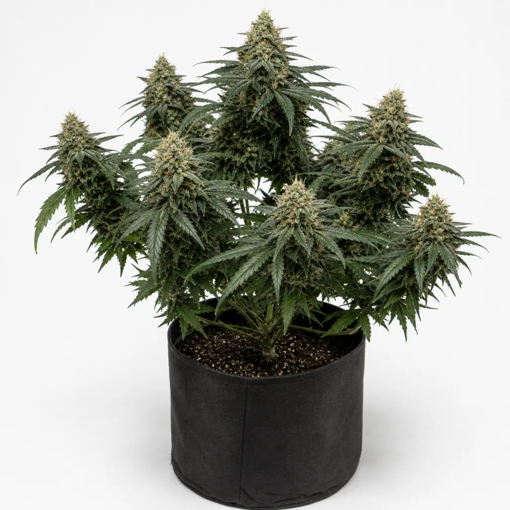 Planta de Auto California Sour Diesel en maceta negra de tela, con varias ramas cargadas de cogollos y hojas verdes sobre fondo blanco.