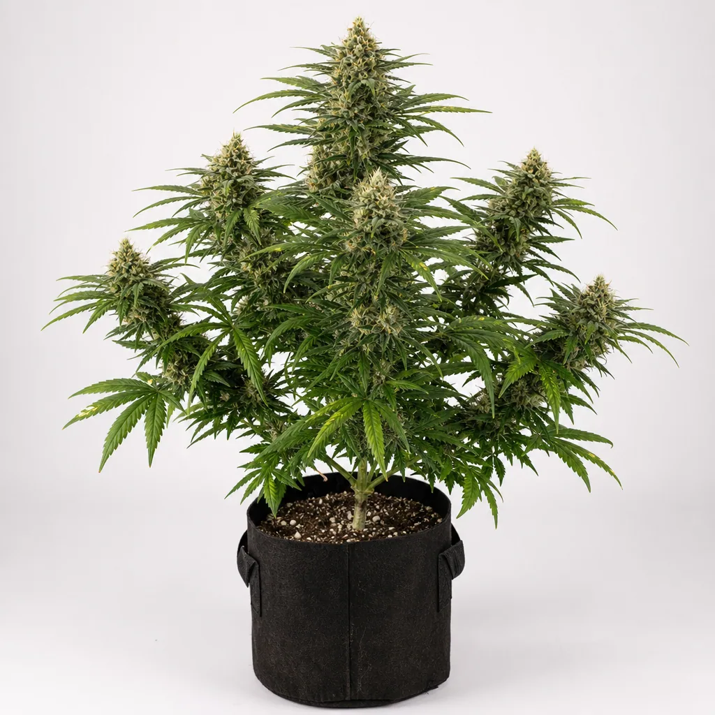 Planta de Auto Cheese Berry de 00 Seeds en floración, con cogollos alargados y hojas verdes, en maceta negra con asas sobre fondo claro.