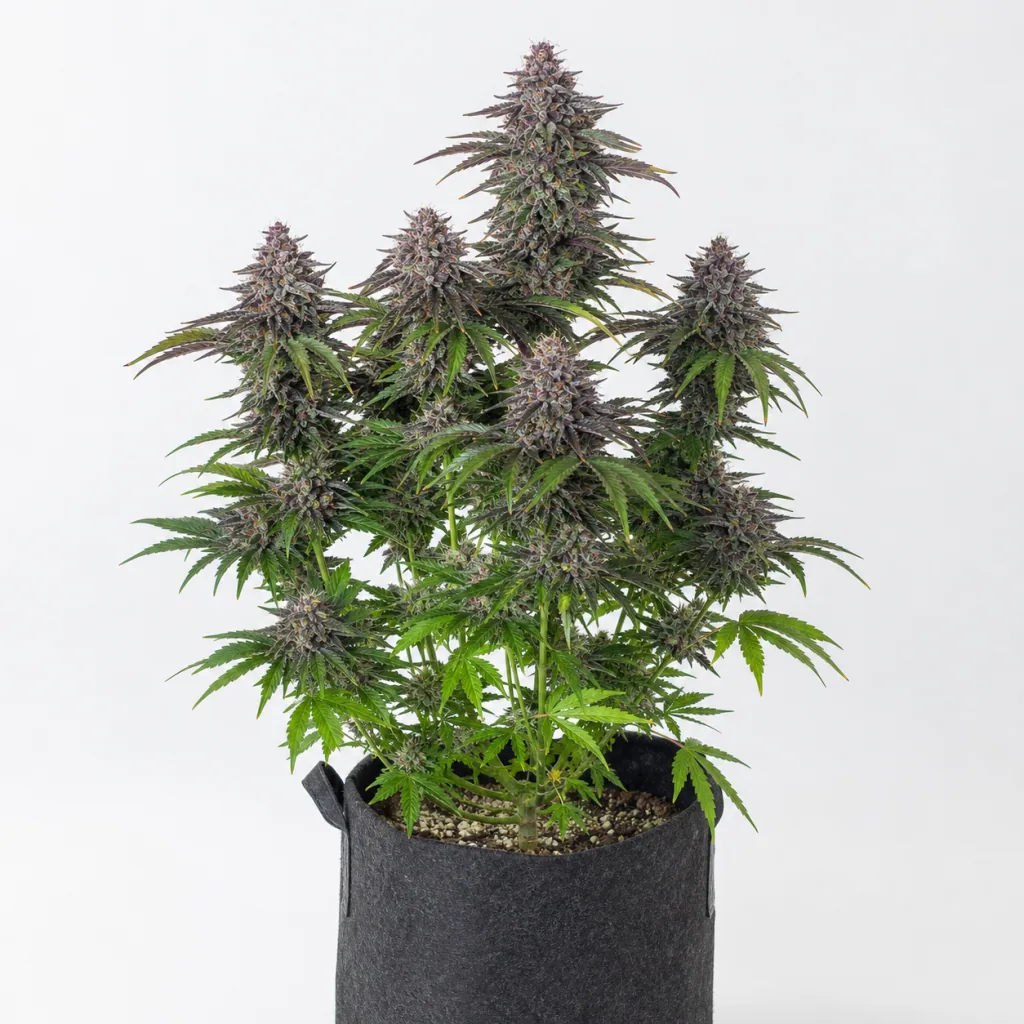 Planta de Auto CreamZilla de Original Sensible Seeds en maceta textil negra, con flores de tonos morados y hojas verdes sobre fondo blanco.