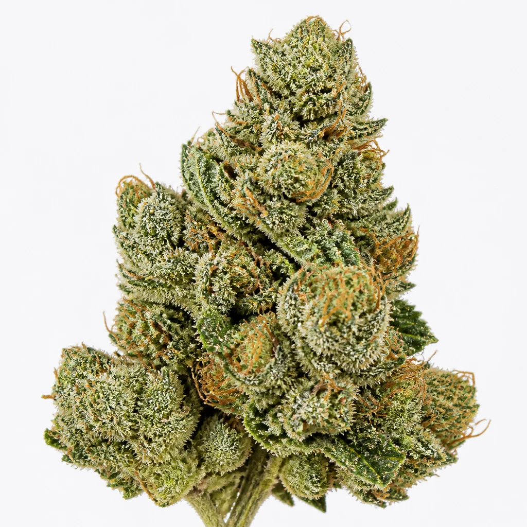Ilustración de un cogollo verde con pistilos anaranjados y abundante cobertura blanquecina para la ficha de Auto Critical Mass – Advanced Seeds.