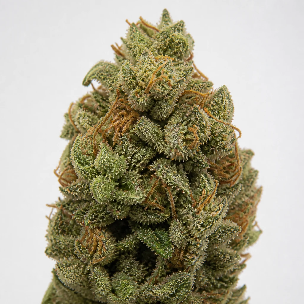 Ilustración de un cogollo alargado verde con filamentos anaranjados y puntos claros para la ficha de Auto Diamond Queen Kush.