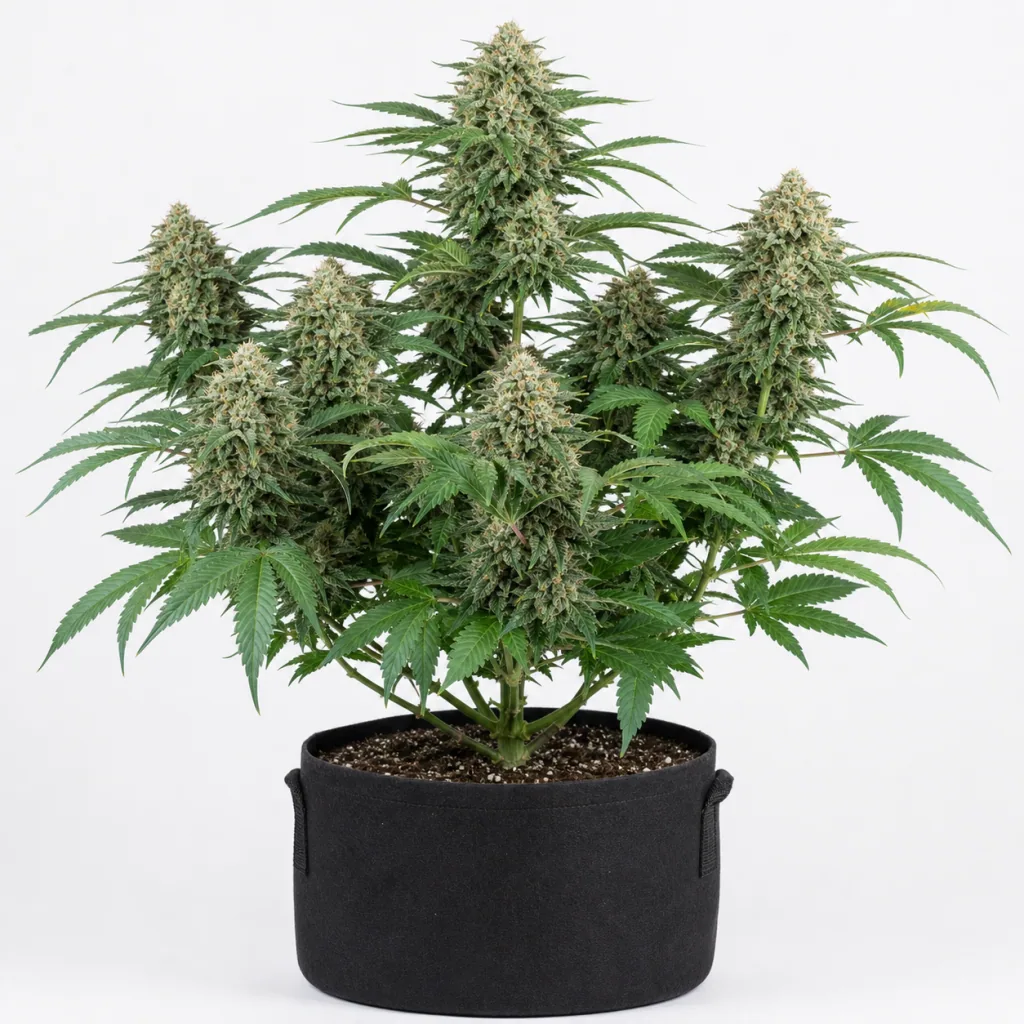 Planta de Auto Frosted Zinn x 3 Bears OG de Barney's Farm en maceta negra, con cogollos voluminosos y hojas verdes sobre fondo blanco.